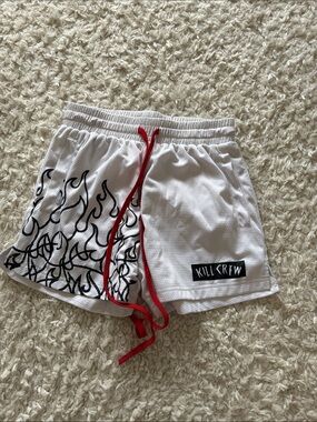Kill Crew White Mesh Shorts with Black Flame Print and Red Drawstring